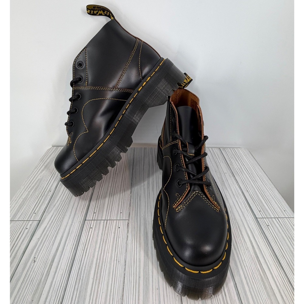 Dr. Martens Black Leather Platform Lace-Up Boots with Yellow Stitching